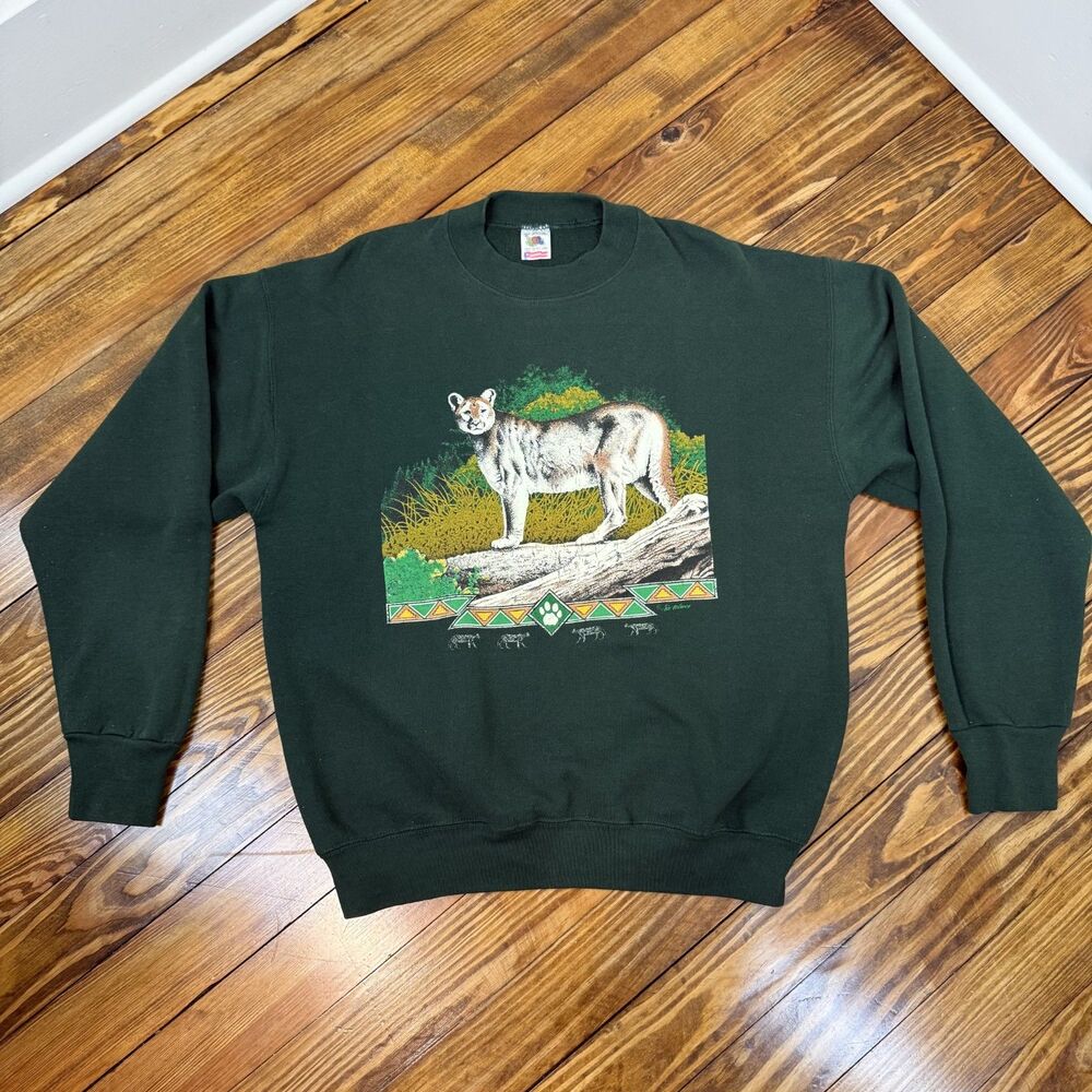 Vintage 90s Fruit of the Loom Panther Cougar Nature Graphic Sweatshirt Green - Picture 3 of 7